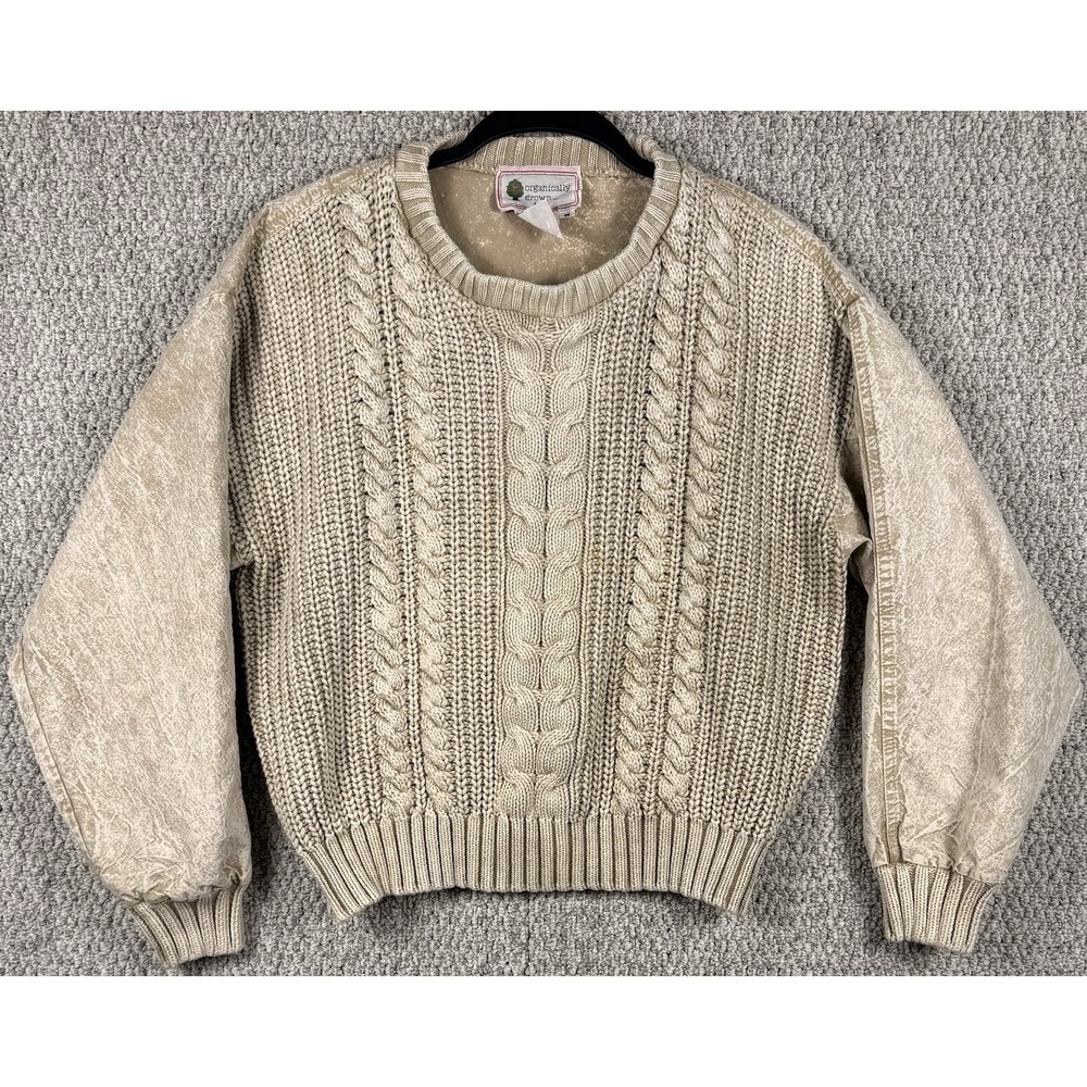 Vintage 90s Organically Grown Cable‎ Knit Sweater Cropped Canvas Sleeve Unique